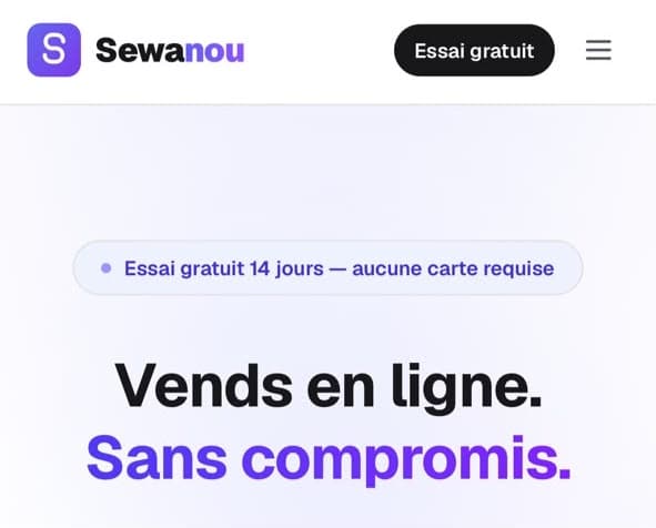 Page d'accueil de la plateforme SaaS Sewanou · « Vends en ligne. Sans compromis. »